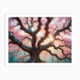 An Ancient, Gnarled Tree With Pink Blossoms Stands Majestically In A Misty Forest Bathed In Ethereal Light Art Print