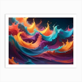 Abstract Artwork Depicting A Vibrant Explosion Of Colorful, Liquid Waves In Orange, Blue, Purple, And Yellow Hues Against A Dark Background Art Print