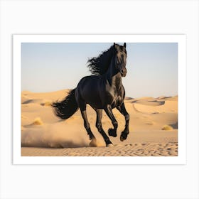 Black Arabian Horse Galloping In The Desert Art Print