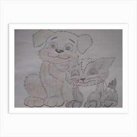 Dog And Cat Drawing Art Print