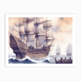 Ship In Rough Seas AI watercolor Art Print