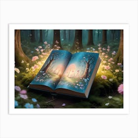 A Magical Forest Scene Depicted As An Open Book, Glowing With Light And Revealing A Fantastical Pathway Art Print