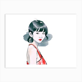 Asian Girl In Red Dress Art Print