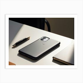 Leather Phone Case Rests On A White Table Beside A Neatly Arranged Notebook And Ballpoint Pen Sunli Art Print