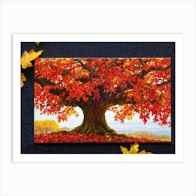 An Autumn Oak Tree Abundantly Lit Branches Spreading Widely Spanning A Slim Sleek Card Leaves Bla (3) Art Print