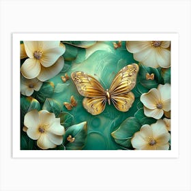 3d Abstract Floral Background with Green Flowers and Golden Butterfly 3 Art Print