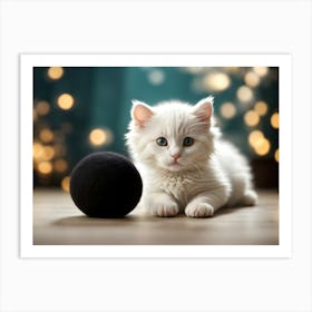 White Kitten With Black Ball Art Print