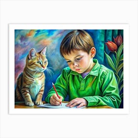 Boy Writing With Cat Watching Art Print