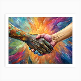 Two Hands With Painted Skin Shaking Hands In A Colorful Background Art Print