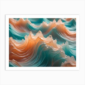 Abstract Close Up Of A 3d Rendering Of Waves In Shades Of Turquoise And Orange, Creating A Sense Of Depth And Movement Art Print