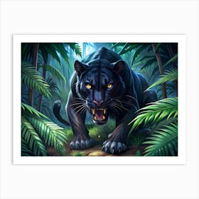 Black Panther Roaring In A Jungle Setting Art Print