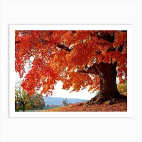 An Autumn Oak Tree Abundantly Lit Branches Spreading Widely Spanning A Slim Sleek Card Leaves Bla Art Print