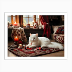 White Cat On A Rug Art Print