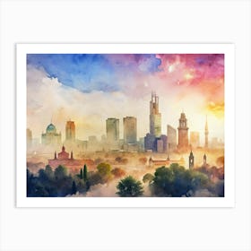 City Skyline Watercolor Painting Art Print