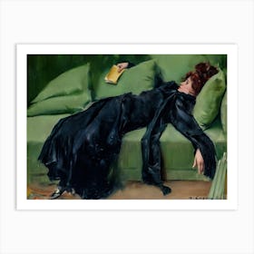 Jove Decadent - Ramon Casas 1899 - Decadent Woman After the Ball - Famous Victorian Vintage Oil Painting of Posh Woman Passed out on a Green Sofa With Book in Hand after Drinking Wine - Funny Witchy Retro Art Print
