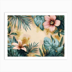 Vintage Tropical Green Brown Leaves with Golden Texture 1 Art Print