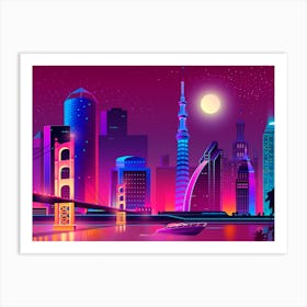 Cityscape At Night - Synthwave Neon City Art Print