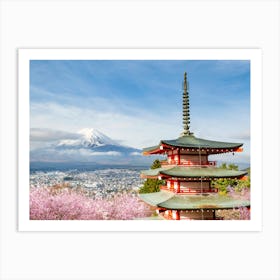 Mount Fuji With Pagoda During Cherry Blossom Season Art Print