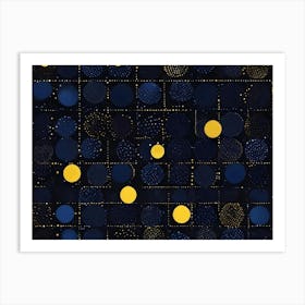 A Repeating Pattern Of Blue And Yellow Circles With Gold Sparkles On A Dark Blue Background Art Print