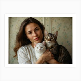 Portrait Of A Woman With Cats Art Print