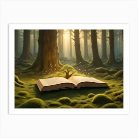 A Magical Scene With A Book Open In A Mossy Forest, A Small Tree Sprouting From The Pages, Surrounded By Glowing Particles Art Print