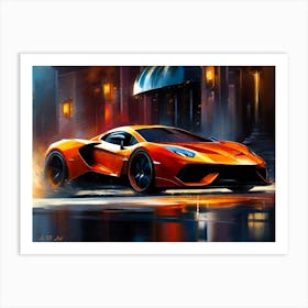 Orange Super Sportscar pass a Hotel in the Rain - Abstract Color Painting Art Print