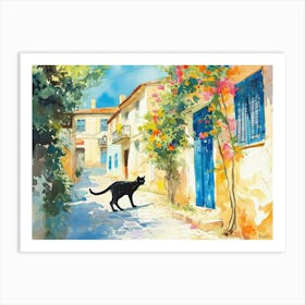 Athens, Greece   Black Cat In Street Art Watercolour Painting 2 Art Print