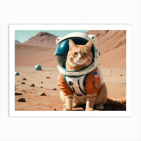 A Ginger Cat Wearing An Astronaut Suit, Sitting On The Surface Of Mars Art Print