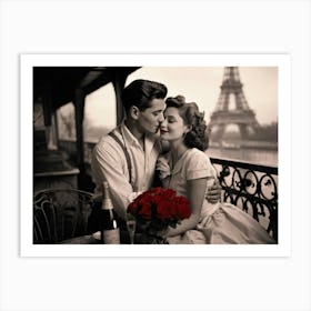 Black And White Photograph Capturing A Vintage Valentines Day Scene A Couple Locked In A Tender Em Art Print