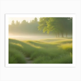 Green Meadow And Field With A Pathway Leading Toward Trees, Bathed In The Golden Light Of Sunrise With Fog Rolling In Art Print