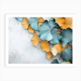 A 3d With Ginkgo Leaves In Turquoise And Golden Tones On A Light Gray 2 Art Print