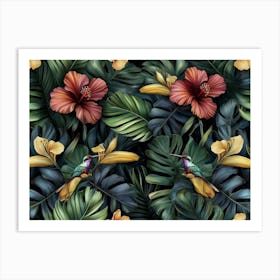 Tropical Exotic Seamless Pattern With Gold Hibiscus, Hummingbirds, Protea Flowers, Vintage Banana Leaves, Palm Leaves 1 Art Print