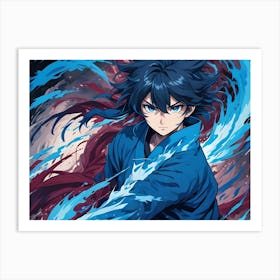 A Stylized Anime Character With Blue Hair And A Determined Expression, Wielding Water Like Energy In His Hand Art Print