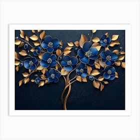 3d Luxury Tree with Blue Flowers, Gold Leaves on Dark Art Print