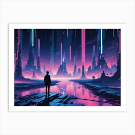 A Man Stands On A Platform Overlooking A Futuristic Cityscape, With Tall Neon Lit Towers Against A Colorful, Post Sunset Sky Art Print