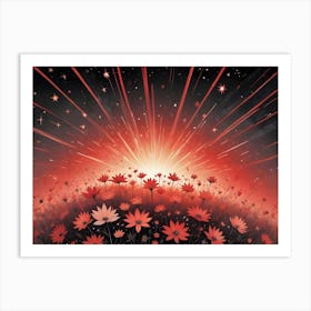 A Field Of Red Flowers Bathed In A Warm, Orange Light With A Star Filled Sky Above Art Print