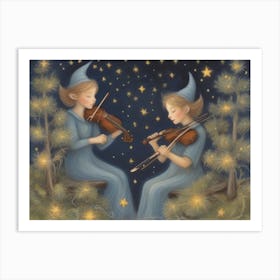 Two Little Girls Playing Violin Art Print