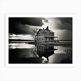 Old House Mirrored On A Still Lakes Surface Foreboding Moody Clouds Above Reflection Tranquility Art Print