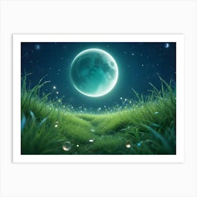 A Dreamy, Surreal Illustration Of A Glowing, Green Moon Rising Over A Field Of Grass With Fireflies Art Print