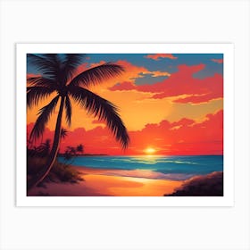 A Tranquil Beach At Sunset Horizontal Illustration 47 Art Print