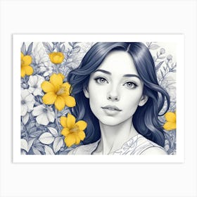 A Portrait Of A Young Woman With Flowing Dark Hair And Freckles, Surrounded By Delicate Flowers With Bright Yellow Petals Art Print