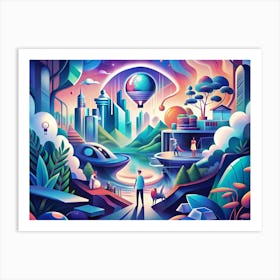 People In A Futuristic Landscape With A Hot Air Balloon Art Print