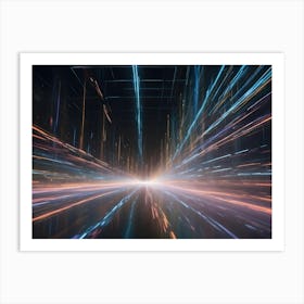 A Dark Background With A Central, Glowing, White Light Surrounded By Lines Of Blue, Orange, And Red, Radiating Outward Like A Starburst Or A Supernova Art Print