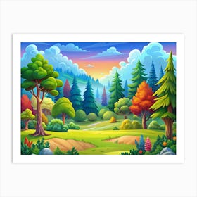 Colorful Forest Landscape With A Path And Mountains In The Background Art Print