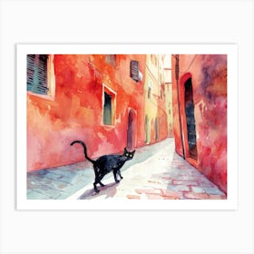 Black Cat In Bologna, Italy, Street Art Watercolour Painting 1 Art Print