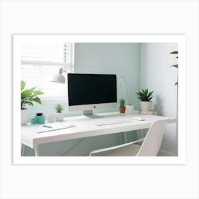 A Minimalist Workspace With A Computer, Lamp, Plants, And Office Supplies On A White Desk, Creating A Clean And Organized Environment Art Print