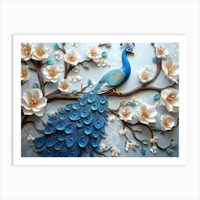 3d Peacock On Branch With Flowers 1 Art Print