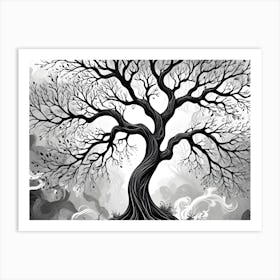 Black And White Illustration Of A Tree With Swirling Branches 1 Art Print