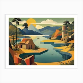 Vintage Cubist Travel Poster Pitch Lake Trinidad & Tobago Art Print