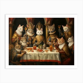 Royal Gold Cats Feasting On A Banquet Art Print